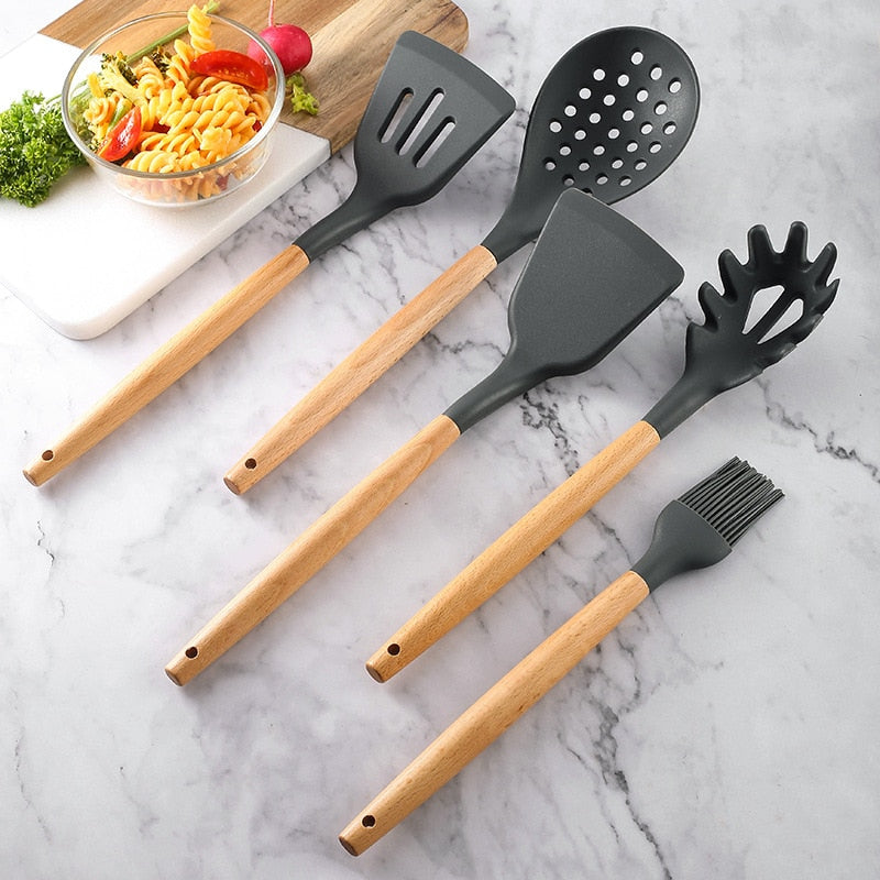 1PC Silicone Wood Soup Spoon Spatula Brush Scrapers