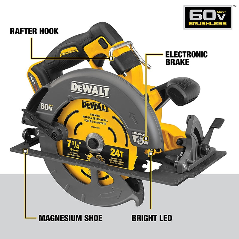 DEWALT DCS578B Circular Saw FLEXVOLT 60V MAX with Brake 7-1/4-Inch Compact Woodworking Plank Cutting Machine Electric Saw